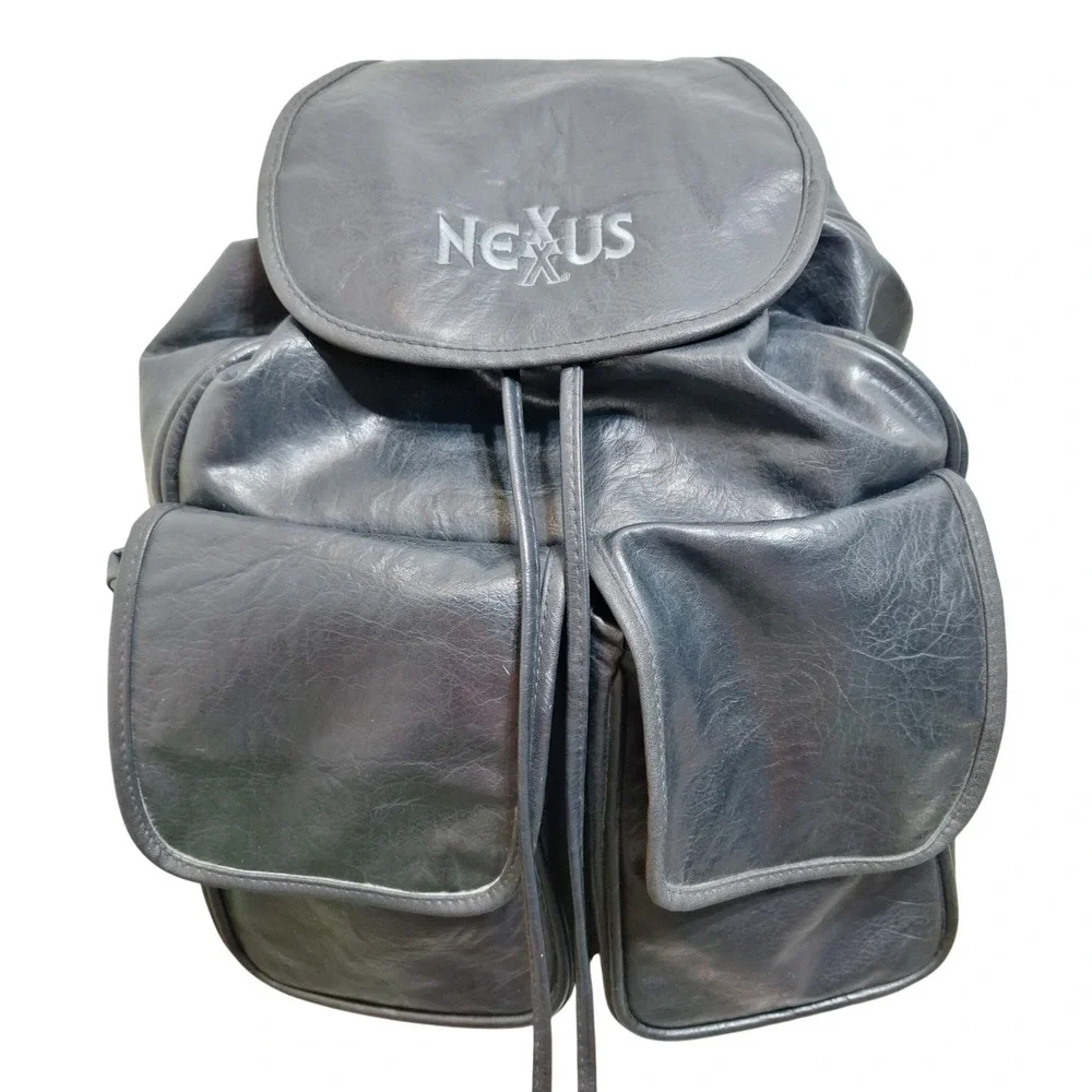 Nexus Backpack Black Faux Leather Vintage Drawstring Flap Pockets Large Size